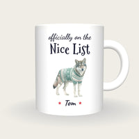 Personalised Christmas Jumper Wolf Mug, On The Nice List, front