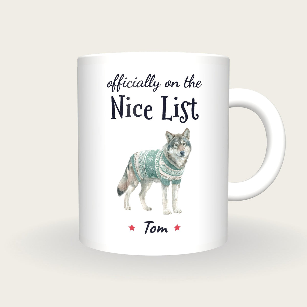 Personalised Christmas Jumper Wolf Mug, On The Nice List, front