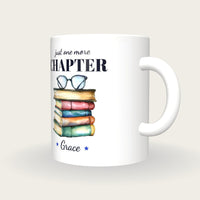 Personalised Colourful Book Stack Mug, Just One More Chapter, three-quarter view