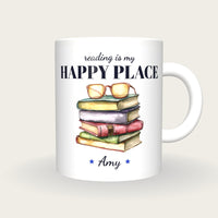 Personalised Colourful Book Stack Mug, Reading Is My Happy Place, front