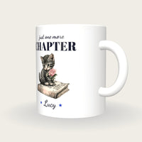 Personalised Kitten On A Book Mug, Just One More Chapter, three-quarter view