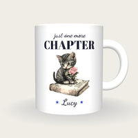 Personalised Kitten On A Book Mug, Just One More Chapter, front