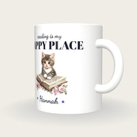 Personalised Kitten On A Book Mug, Reading Is My Happy Place, three-quarter view