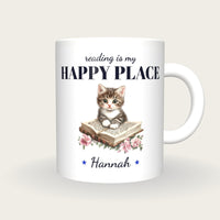 Personalised Kitten On A Book Mug, Reading Is My Happy Place, front