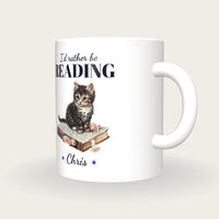 Personalised Kitten On A Book Mug, I'd Rather Be Reading, three-quarter view