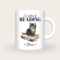 Personalised Kitten On A Book Mug, I'd Rather Be Reading, front