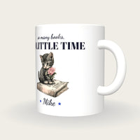 Personalised Kitten On A Book Mug, So Many Books So Little Time, three-quarter view