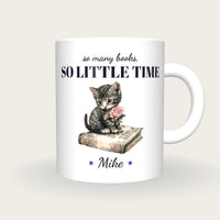 Personalised Kitten On A Book Mug, So Many Books So Little Time, front