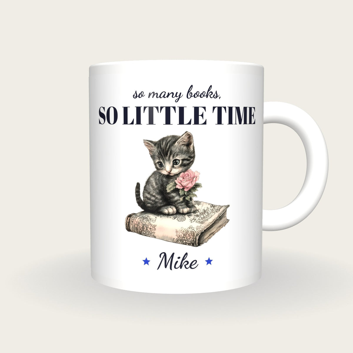 Personalised Kitten On A Book Mug, So Many Books So Little Time, front