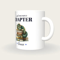 Personalised Reading Dragon Mug, Just One More Chapter, three-quarter view