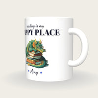 Personalised Reading Dragon Mug, Reading Is My Happy Place, three-quarter view