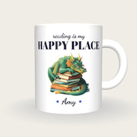 Personalised Reading Dragon Mug, Reading Is My Happy Place, front