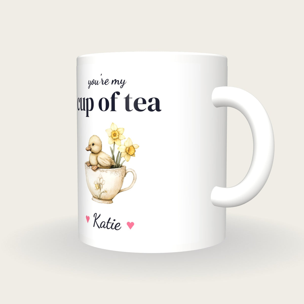 Personalised Duckling Teacup Mug, You're My Cup Of Tea, three-quarter view