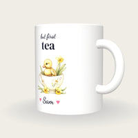 Personalised Duckling Teacup Mug, But First Tea, three-quarter view