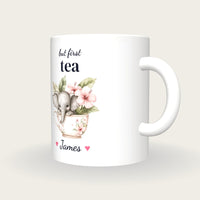 Personalised Elephant Teacup Mug, But First Tea, three-quarter view