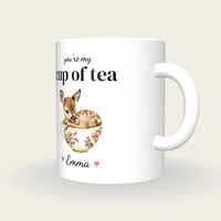 Personalised Fawn Teacup Mug, You're My Cup Of Tea, three-quarter view