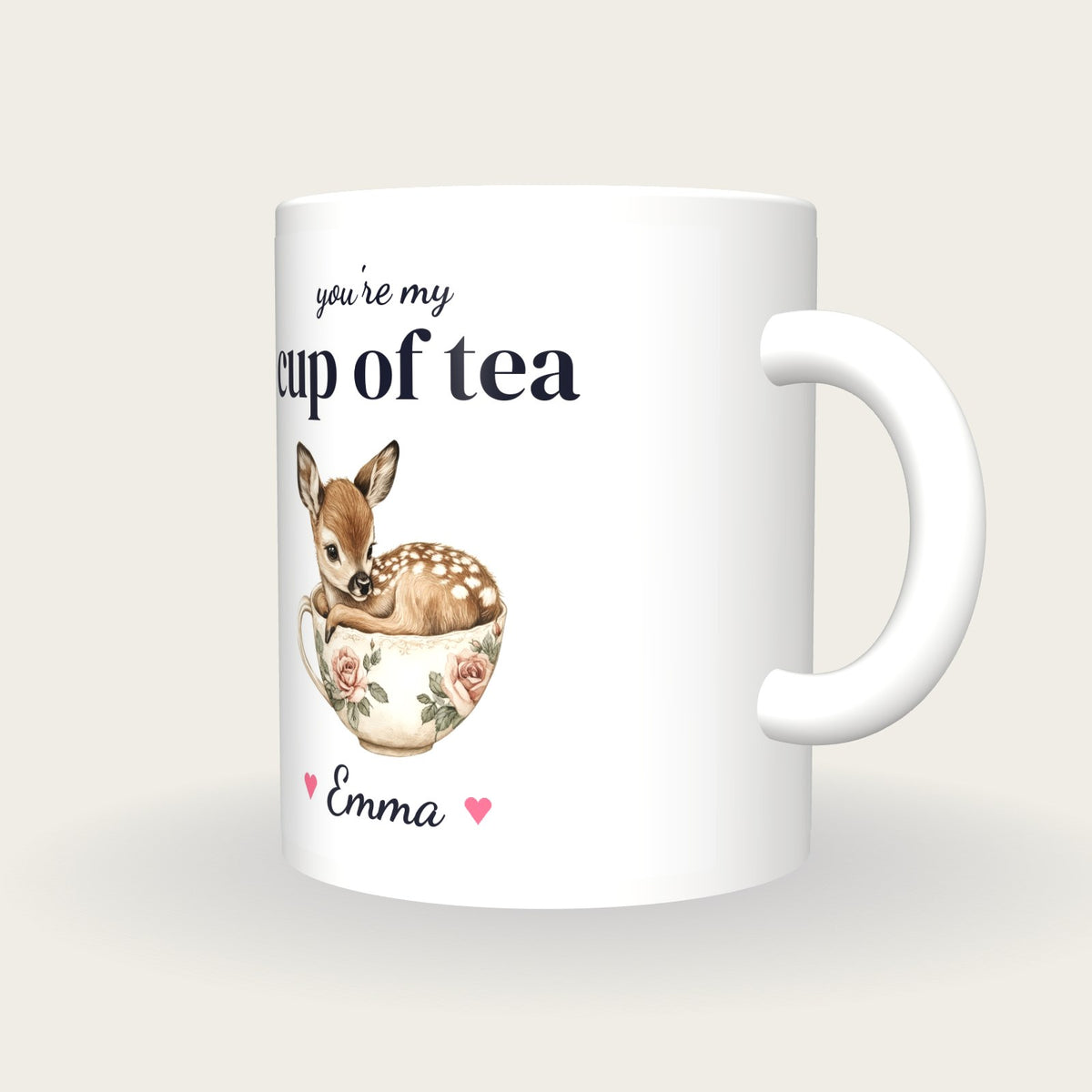 Personalised Fawn Teacup Mug, You're My Cup Of Tea, three-quarter view