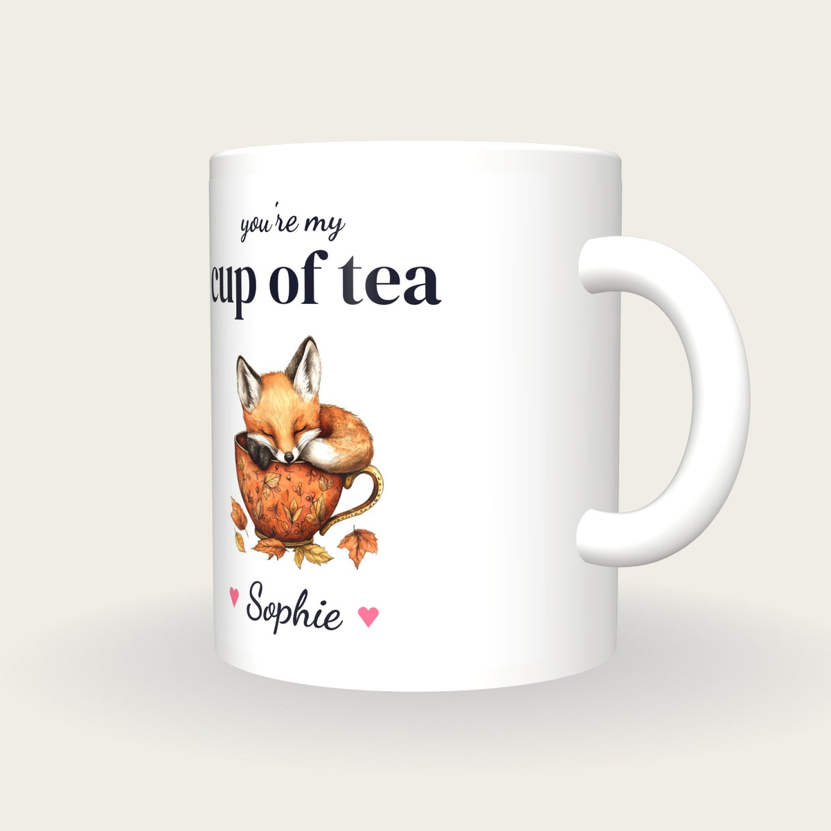 Personalised Fox Teacup Mug, You're My Cup Of Tea, three-quarter view
