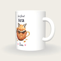 Personalised Fox Teacup Mug, But First Tea, three-quarter view