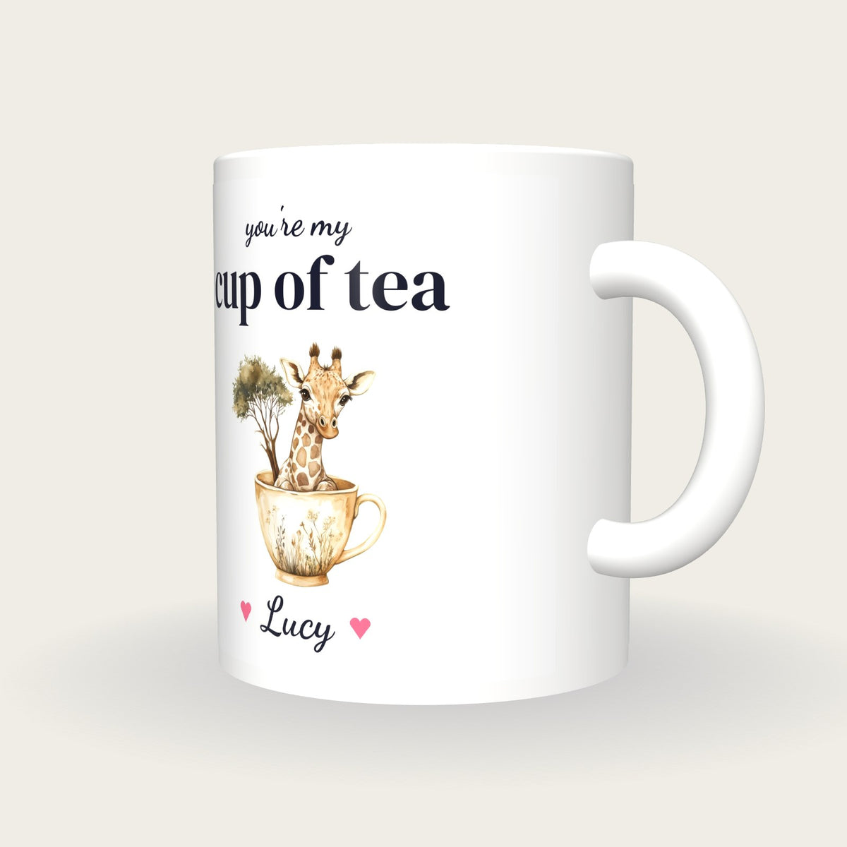 Personalised Giraffe Teacup Mug, You're My Cup Of Tea, three-quarter view