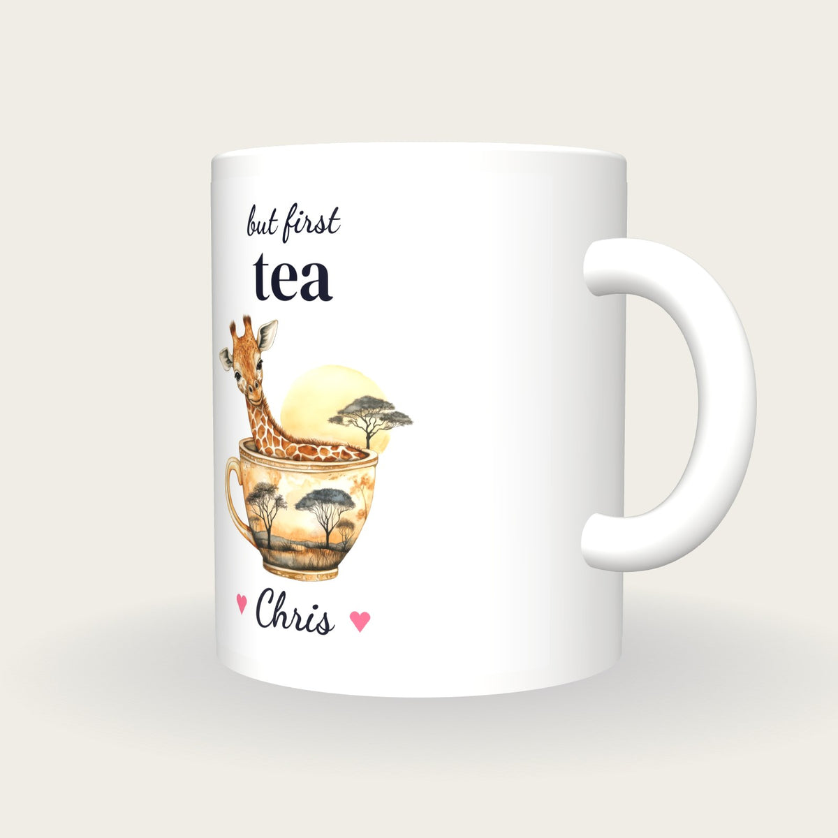 Personalised Giraffe Teacup Mug, But First Tea, three-quarter view