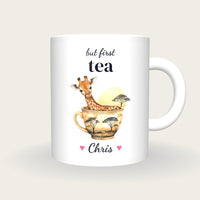 Personalised Giraffe Teacup Mug, But First Tea, front