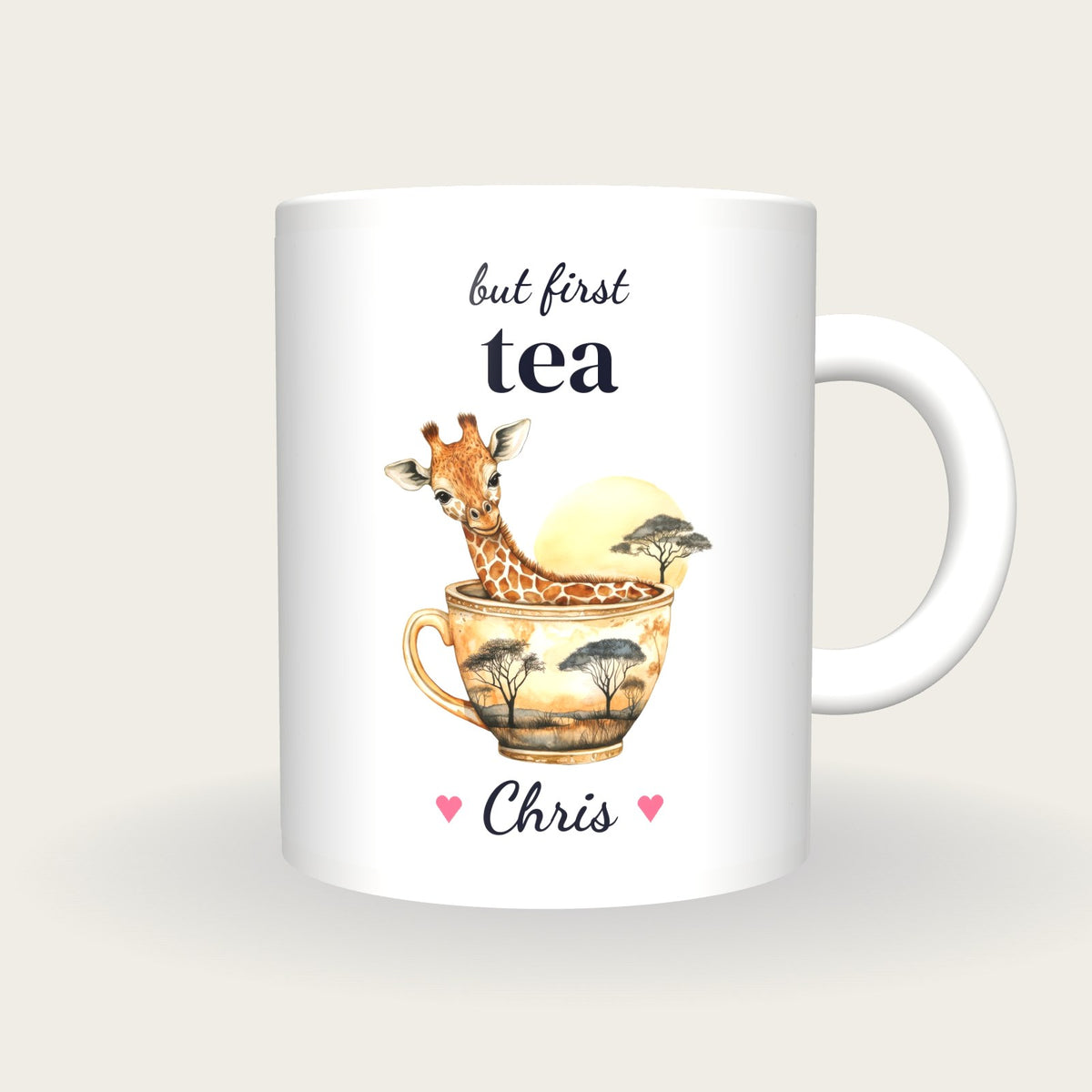 Personalised Giraffe Teacup Mug, But First Tea, front