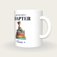 Personalised Girl On A Pile Of Books Mug, Just One More Chapter, three-quarter view