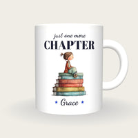 Personalised Girl On A Pile Of Books Mug, Just One More Chapter, front
