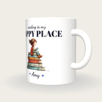 Personalised Girl On A Pile Of Books Mug, Reading Is My Happy Place, three-quarter view