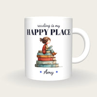 Personalised Girl On A Pile Of Books Mug, Reading Is My Happy Place, front