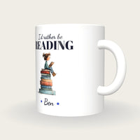 Personalised Girl On A Pile Of Books Mug, I'd Rather Be Reading, three-quarter view
