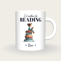 Personalised Girl On A Pile Of Books Mug, I'd Rather Be Reading, front