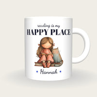 Personalised Reading With The Cat Mug, Reading Is My Happy Place, front