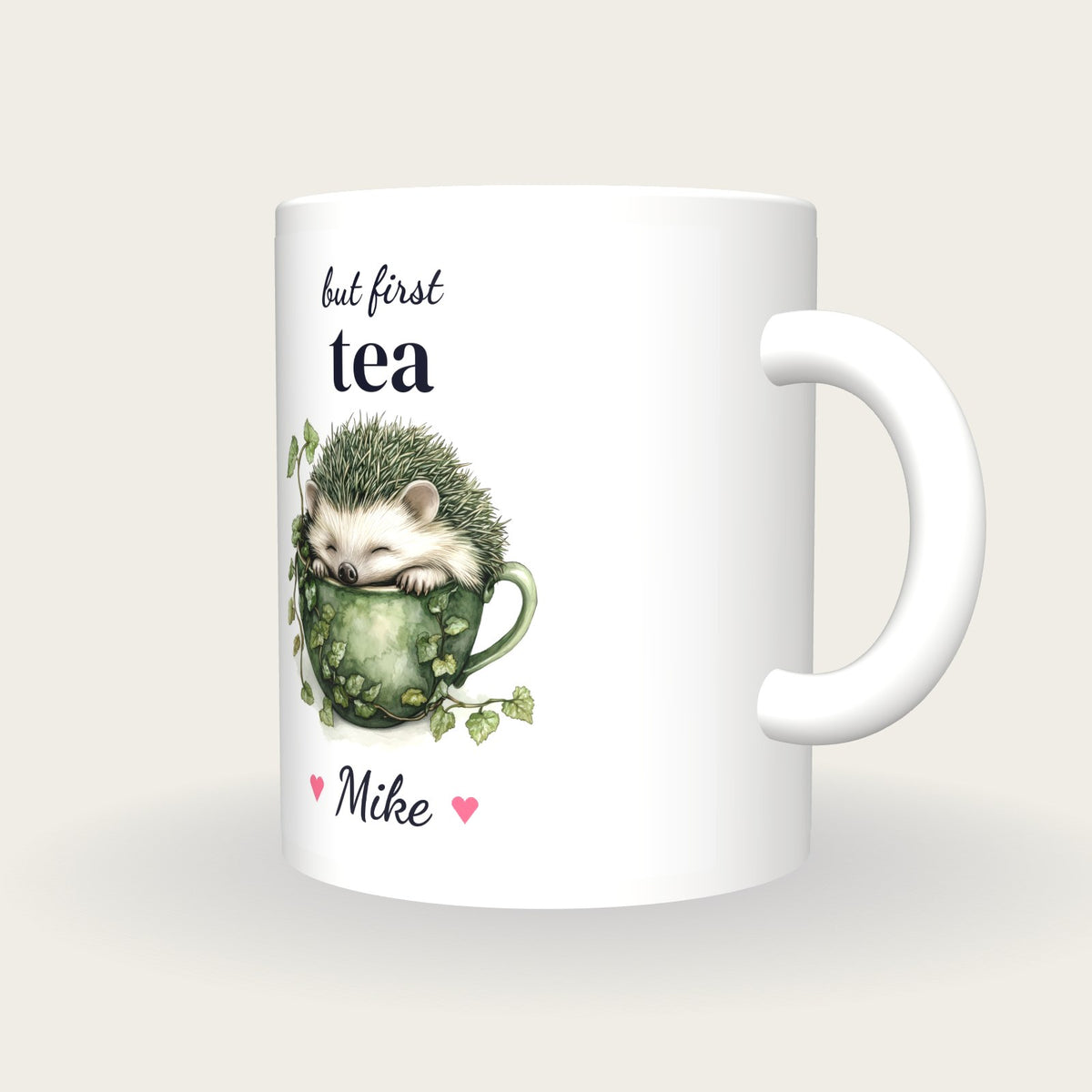 Personalised Hedgehog Teacup Mug, But First Tea, three-quarter view