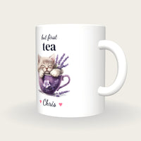 Personalised Kitten Teacup Mug, But First Tea, three-quarter view