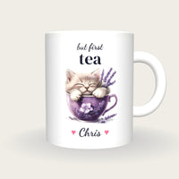Personalised Kitten Teacup Mug, But First Tea, front