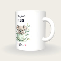 Personalised Koala Teacup Mug, But First Tea, three-quarter view