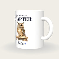 Personalised Library Owl Mug, Just One More Chapter, three-quarter view