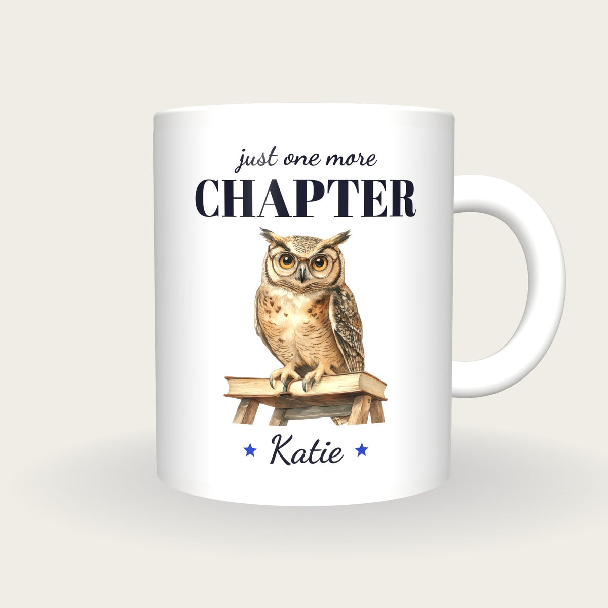 Personalised Library Owl Mug, Just One More Chapter, front