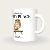 Personalised Library Owl Mug, Reading Is My Happy Place, three-quarter view