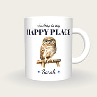 Personalised Library Owl Mug, Reading Is My Happy Place, front