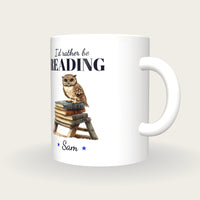 Personalised Library Owl Mug, I'd Rather Be Reading, three-quarter view