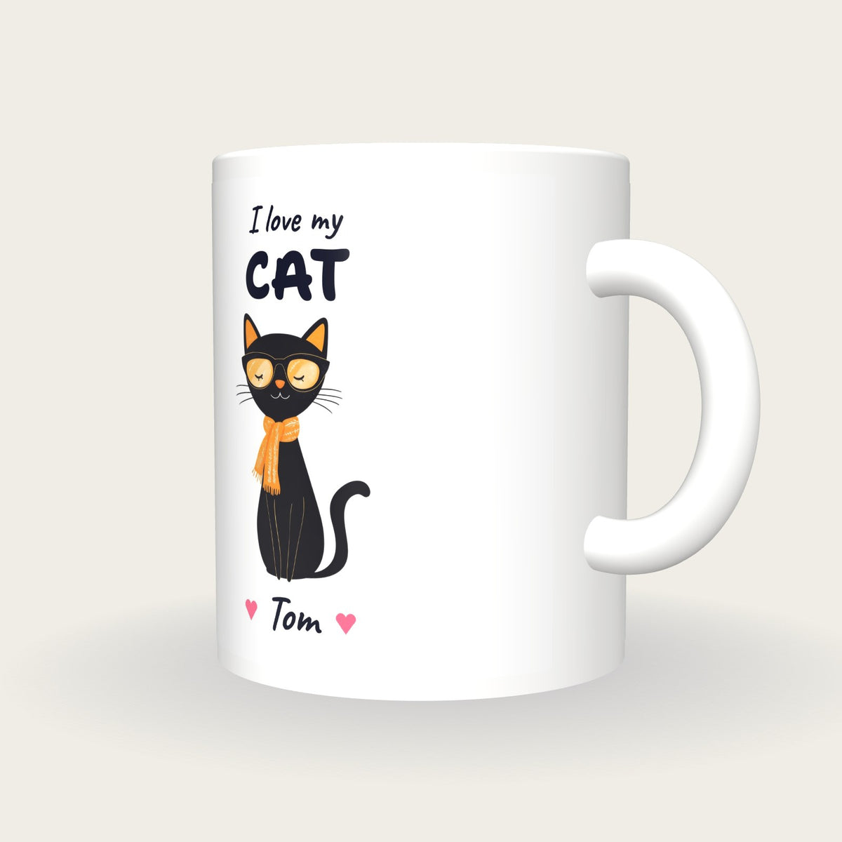 Personalised Black Cat Mug, I Love My Cat, three-quarter view