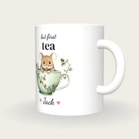 Personalised Mouse Teacup Mug, But First Tea, three-quarter view