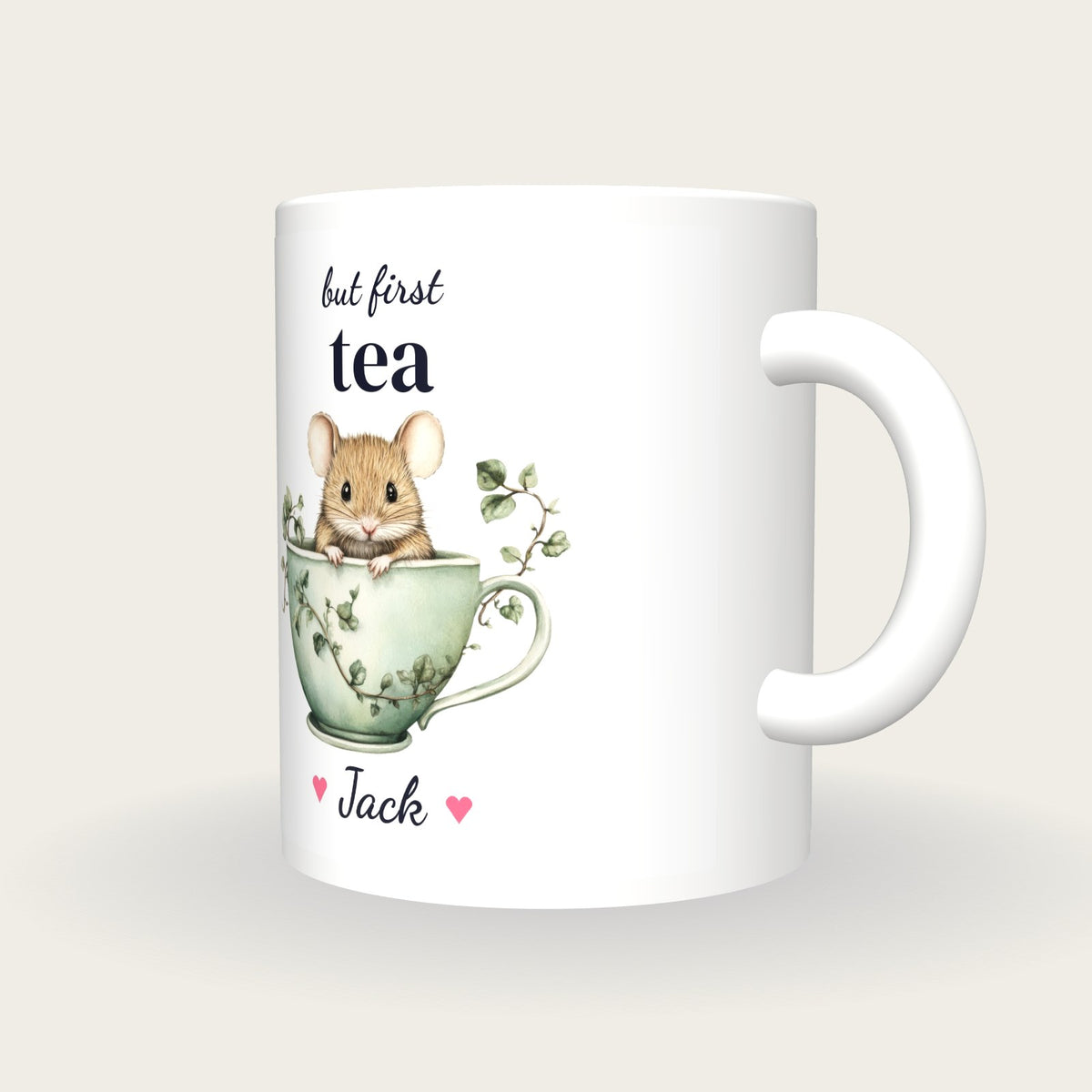 Personalised Mouse Teacup Mug, But First Tea, three-quarter view