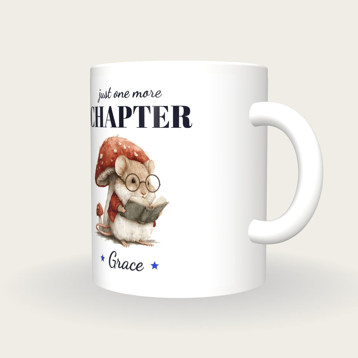 Personalised Reading Mouse Mug, Just One More Chapter, three-quarter view