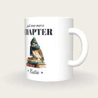 Personalised Owl On Books Mug, Just One More Chapter, three-quarter view