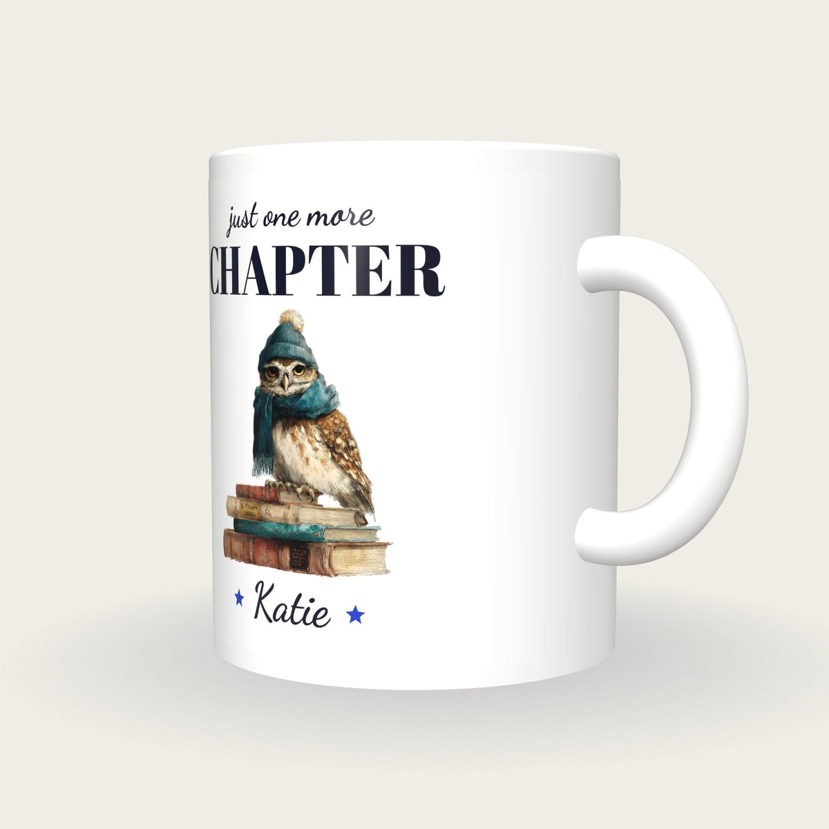 Personalised Owl On Books Mug, Just One More Chapter, three-quarter view