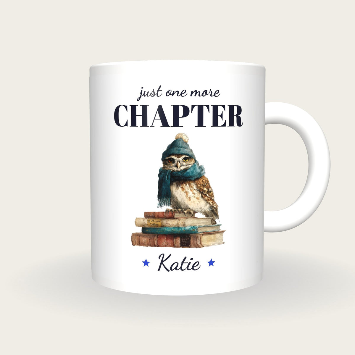 Personalised Owl On Books Mug, Just One More Chapter, front